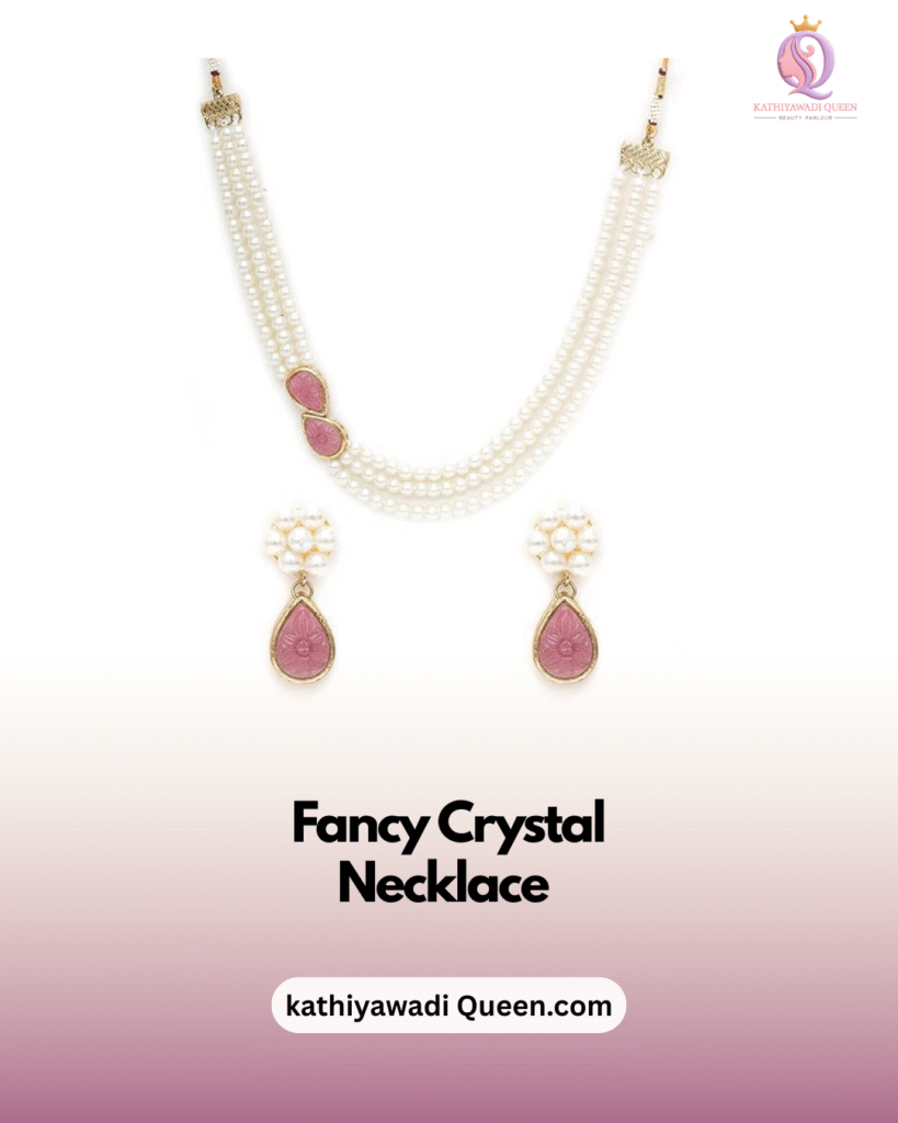 Fancy crystal necklace with multiple pearl strands and pink stone pendants from kathiyawadi Queen