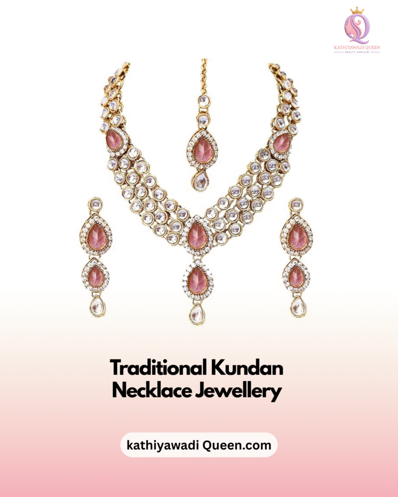 Traditional kundan necklace jewellery set with purple stones and gold design from kathiyawadi Queen