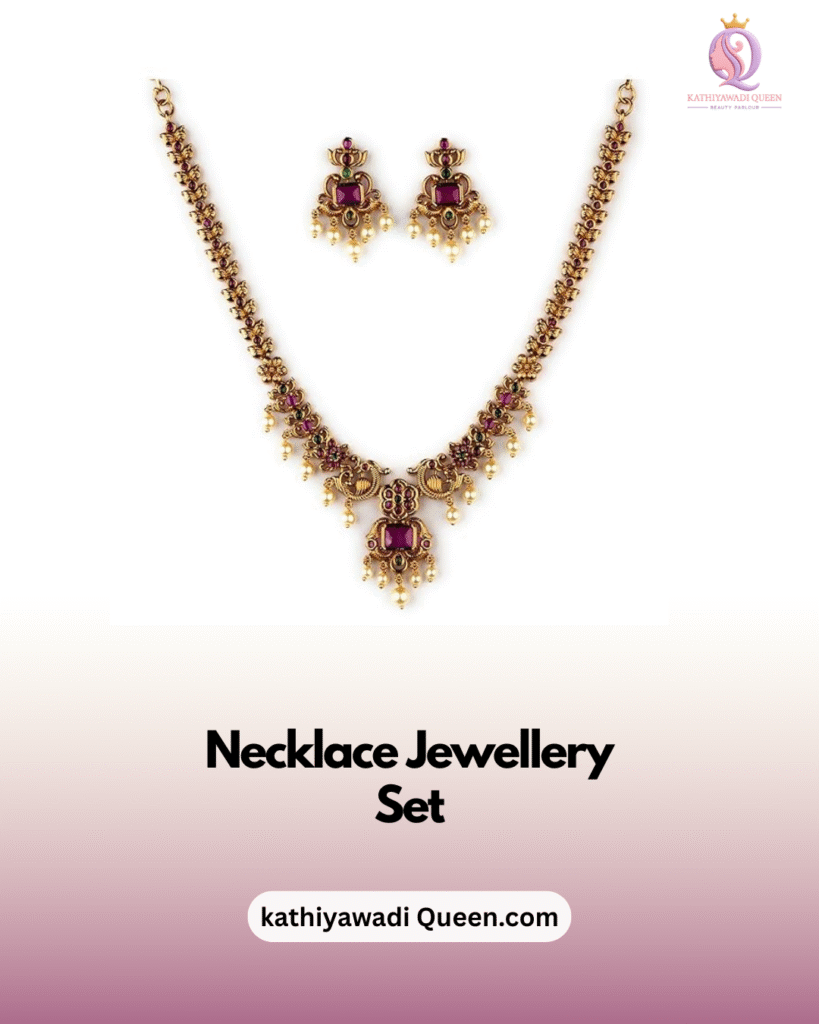 Necklace jewellery set with purple stones, pearls, and matching earrings from kathiyawadi Queen