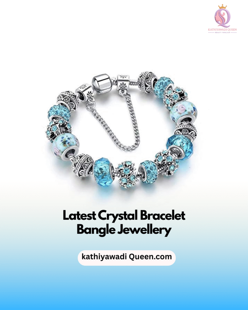 Silver bracelet with blue crystal beads and ornate spacers from kathiyawadi Queen