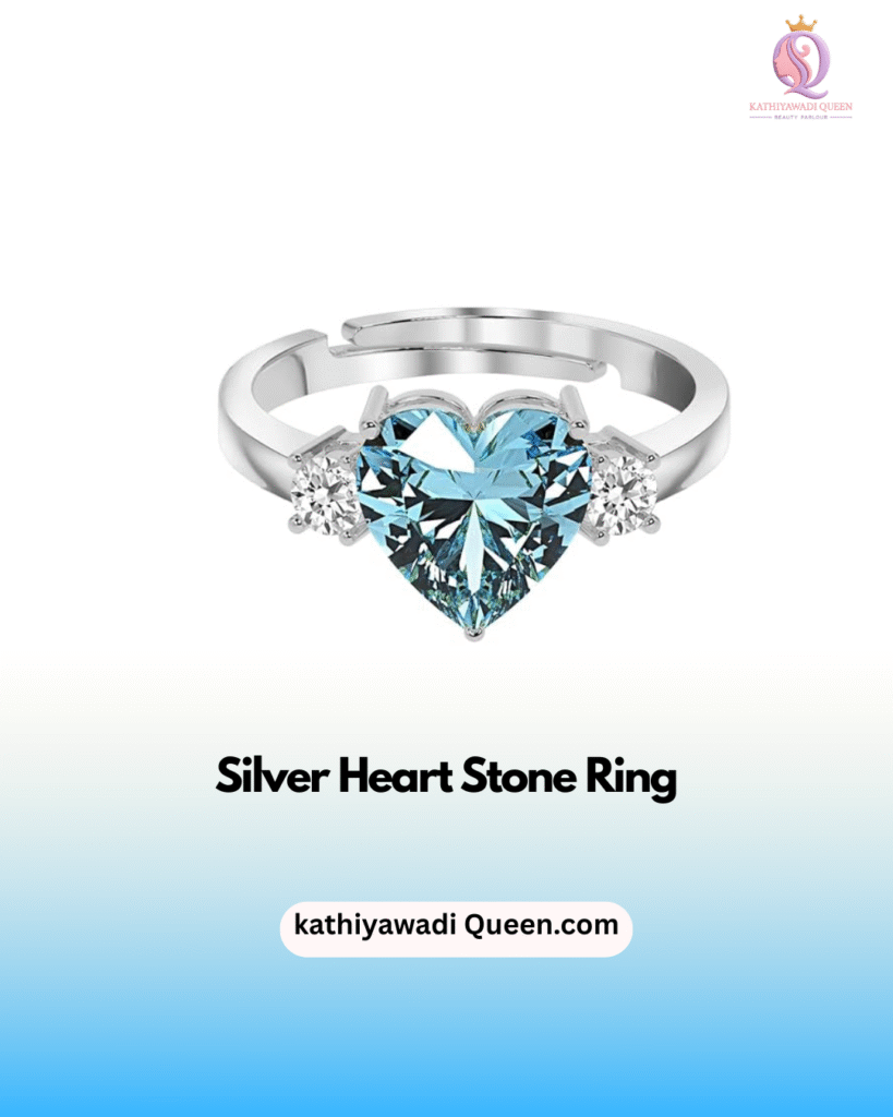Silver heart stone ring with blue gem and side crystals from kathiyawadi Queen
