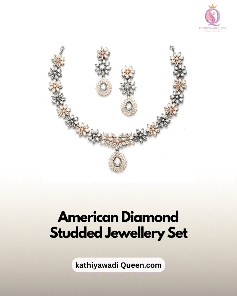American diamond studded necklace and earring set with floral design from kathiyawadi Queen
