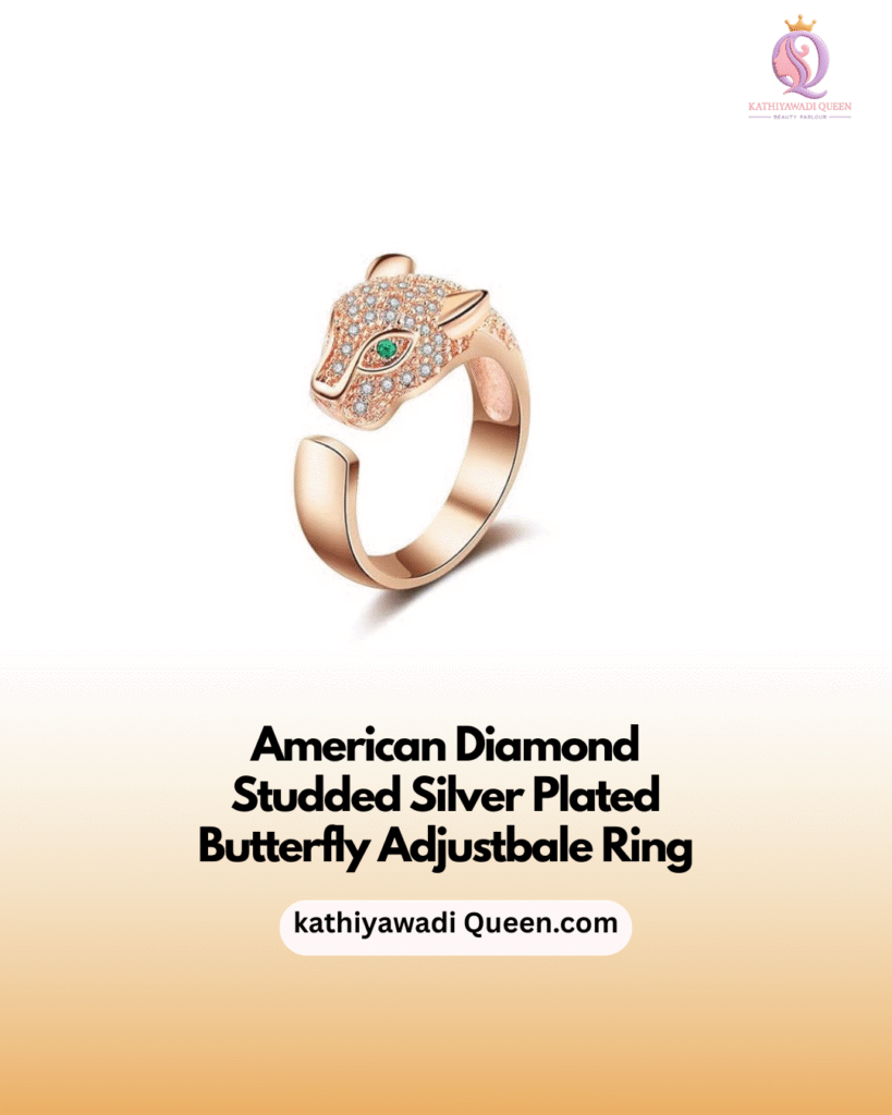 American diamond studded silver plated butterfly adjustable ring with green gem from kathiyawadi Queen