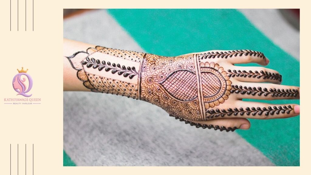 "Minimal floral mehndi design on back hand with clean lines"