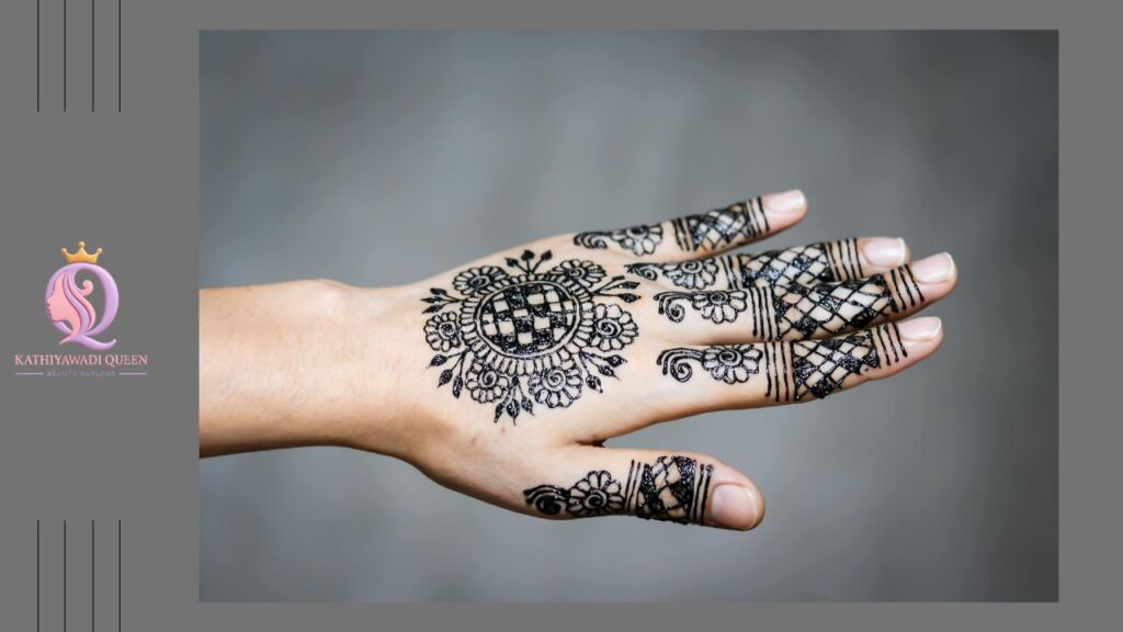 Arabic mehndi with bracelet-style wrist band and finger patterns